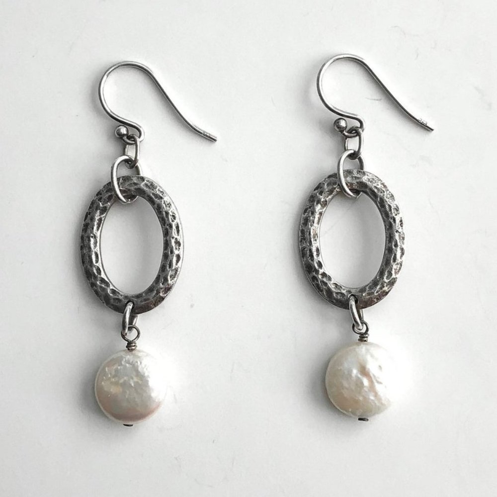 Silpada Sterling Silver Hammered Oval Coin Pearl Dangle Earrings W1253